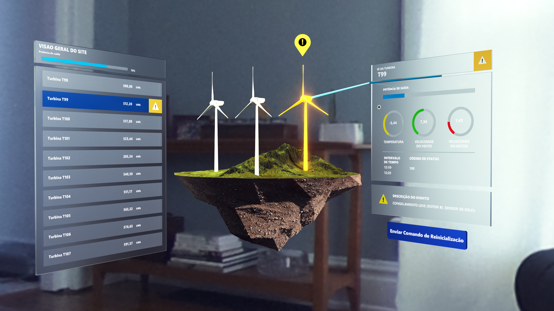 Screenshot of virtual wind farm terrain mixed-reality holographic experience overlaid on a real-world room.