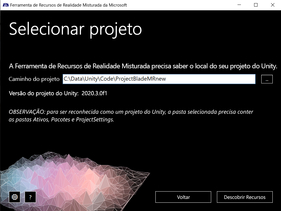 Screenshot of the Mixed Reality Feature Tool select project window.