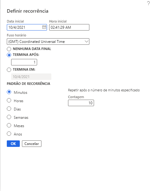 Captura de tela da caixa de diálogo Definir recorrência.