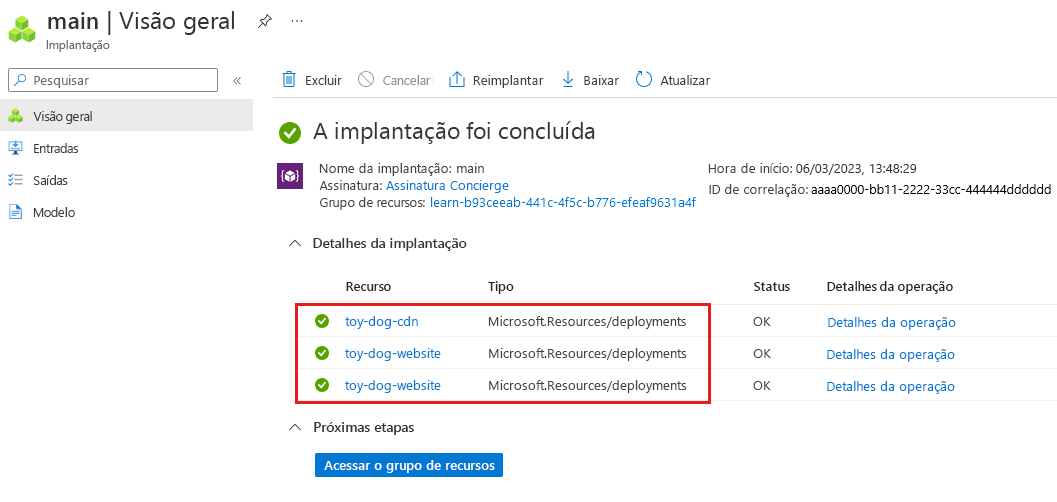 Captura de tela do portal do Azure mostrando os detalhes da implantação principal.