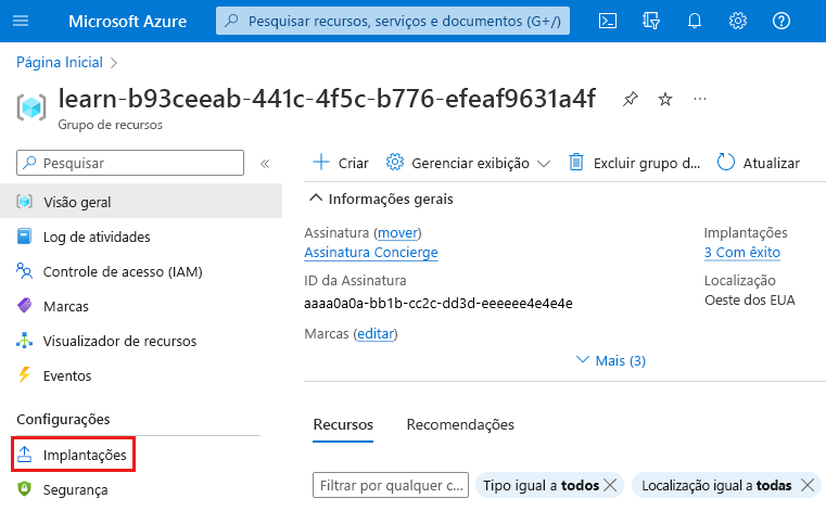 Captura de tela do portal do Azure que mostra o grupo de recursos, com o item de menu Implantações realçado.