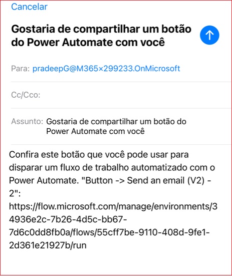 Captura de tela do dispositivo móvel de email com botão de compartilhamento.