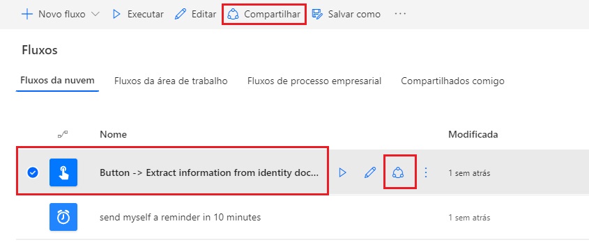 Captura de tela da lista de fluxos na opção Compartilhar.