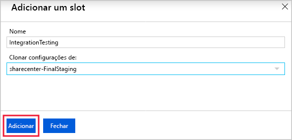 Screenshot of naming a new deployment slot and choosing whether to clone settings in the Azure portal.