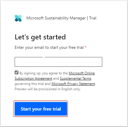 Screenshot of the Microsoft Sustainability Manager trial wizard Let's get started page, showing the Start your free trial button.