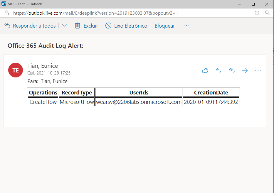 Captura de tela do Outlook mostrando o email de Alerta do log de auditoria do Office 365.