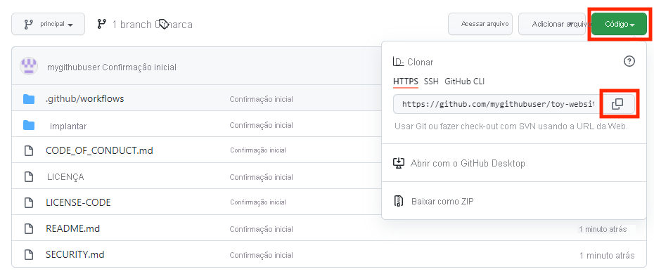 Captura de tela da interface do GitHub mostrando o novo repositório, com o botão de cópia de URL do repositório realçado.