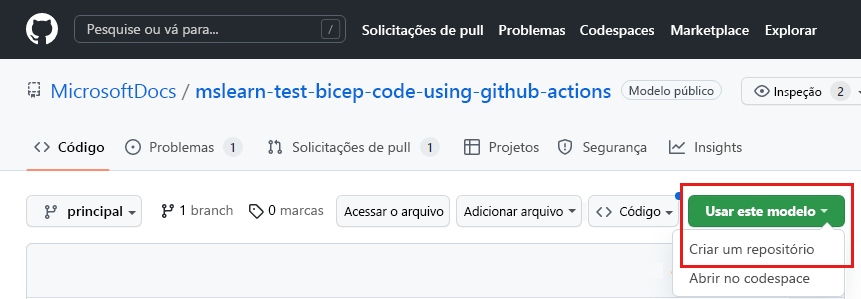 Captura de tela da interface do GitHub mostrando o repositório de modelo, com o botão 'Usar este modelo' realçado.