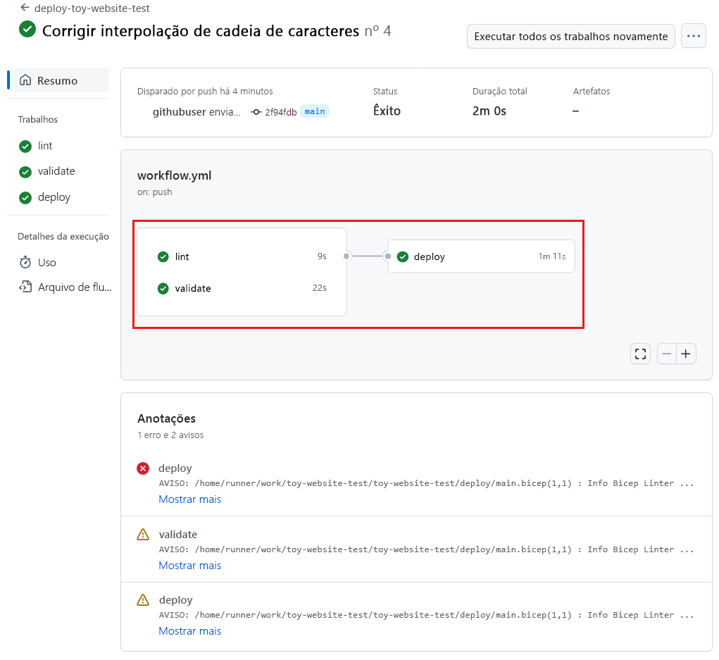 Captura de tela do fluxo de trabalho executado no GitHub Actions, com os três trabalhos relatando sucesso.