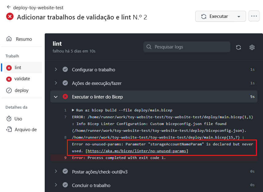 Captura de tela do log de fluxo de trabalho para o trabalho de Lint, com a etapa para executar um linter do Bicep realçada.