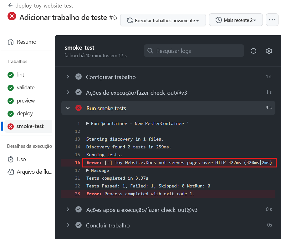 Captura de tela da interface do GitHub que mostra os resultados do teste da execução do fluxo de trabalho, com o teste com falha realçado.