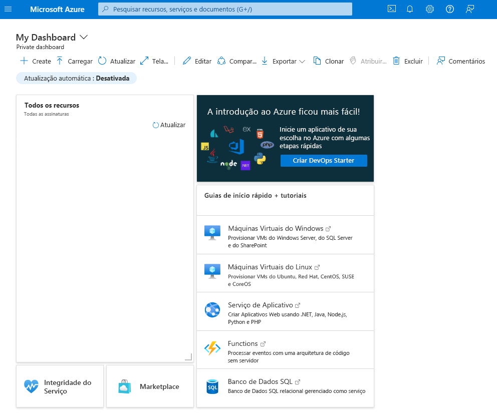 Screenshot showing the default dashboard in the Azure portal.