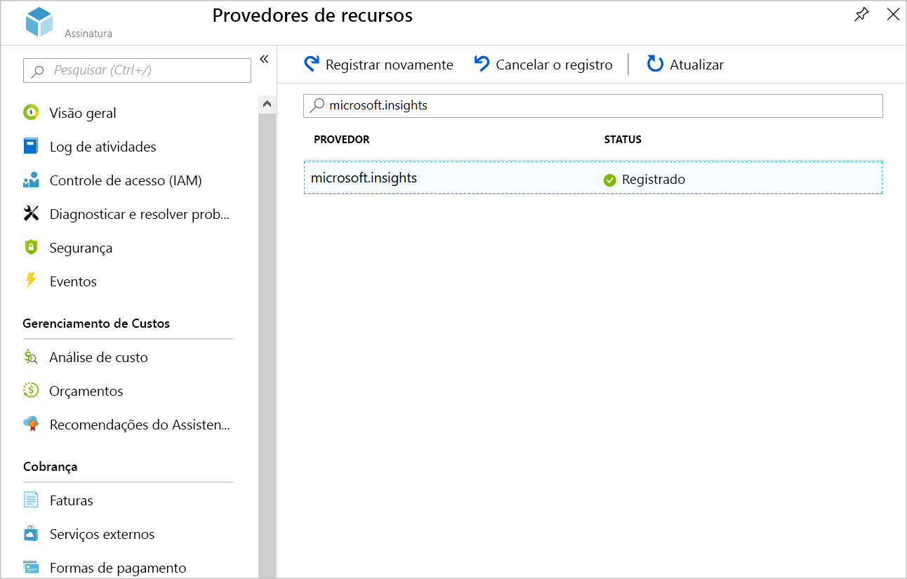 Screenshot showing the registered Microsoft.Insights provider.