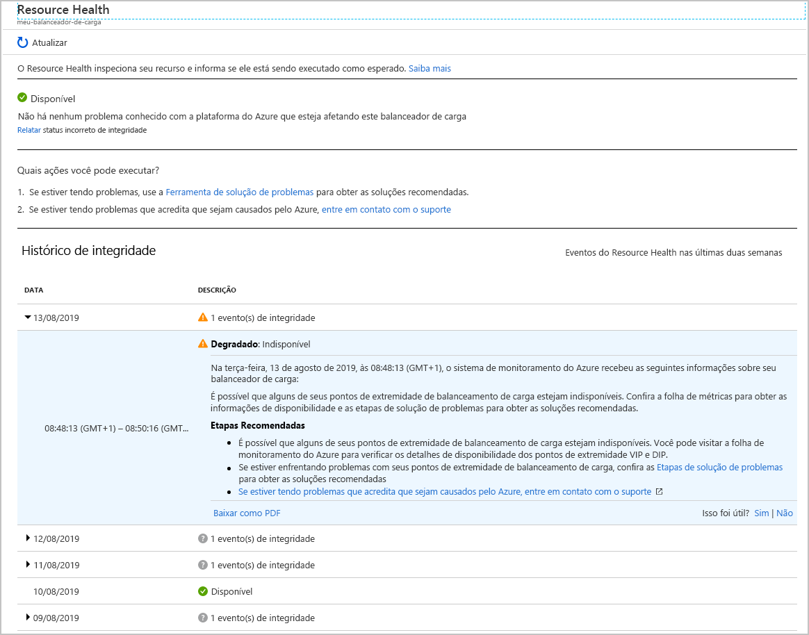 Captura de tela da página de Integridade do recurso do Azure Load Balancer mostrando o relatório que indica que pelo menos um ponto de extremidade não está disponível.