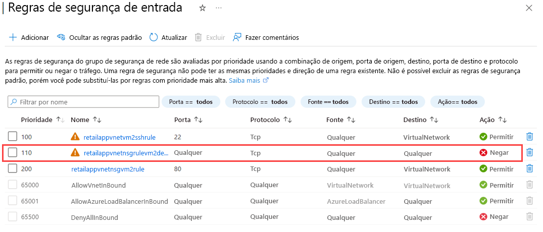 Uma captura de tela que mostra as regras de segurança de entrada do NSG.