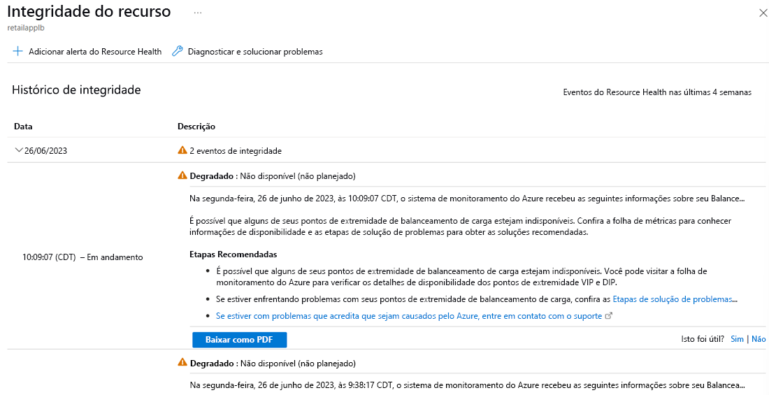 Uma captura de tela da página do Resource Health que mostra o histórico de integridade, incluindo: data, número de eventos de integridade, status, descrição e etapas recomendadas.