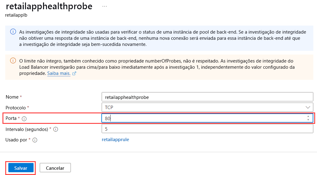 Uma captura de tela da página **retailapphealthprobe** que mostra o número da porta atualizado para 80.