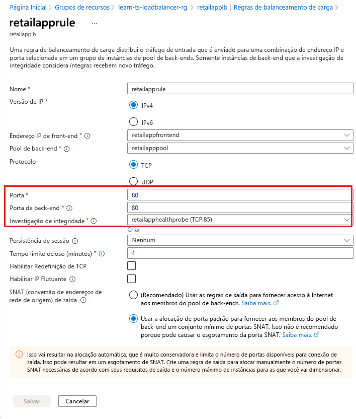 Uma captura de tela da página **retailapprule** mostrando que a investigação de integridade está usando a porta 85.