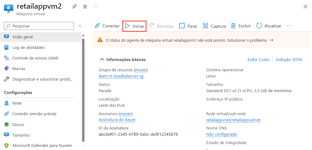 Uma captura de tela que mostra a página de Visão Geral da máquina virtual *retailappvm2* com o botão Iniciar realçado.