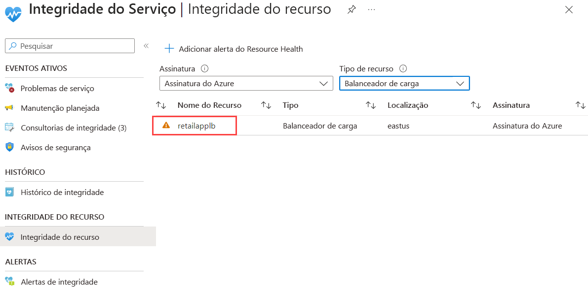 Uma captura de tela da página de Integridade do Serviço – Resource Health que mostra o balanceador de carga retailapplb selecionado.