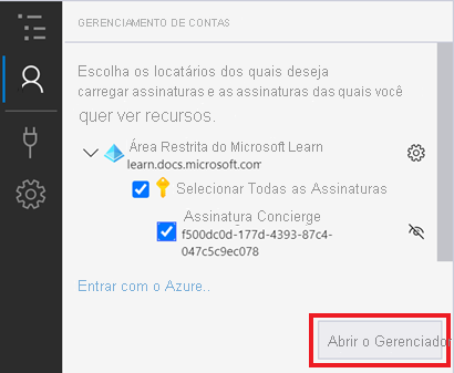 Captura de tela que mostra o painel de gerenciamento de contas depois de entrar em uma conta do Azure.