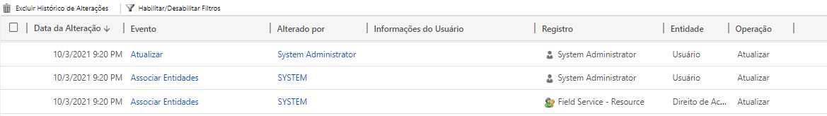 Captura de tela da grade dos dados de auditoria resultantes.