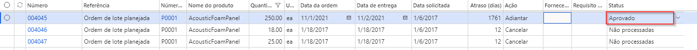 Captura de tela de uma ordem de produção aprovada com o status destacado.