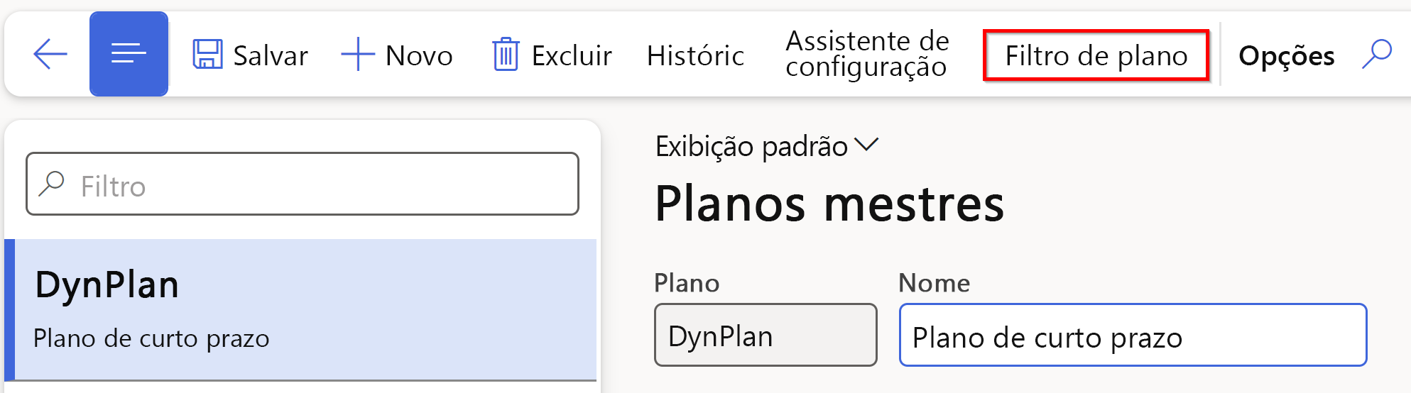 Captura de tela da página Planos mestres realçando a guia Filtro de plano.