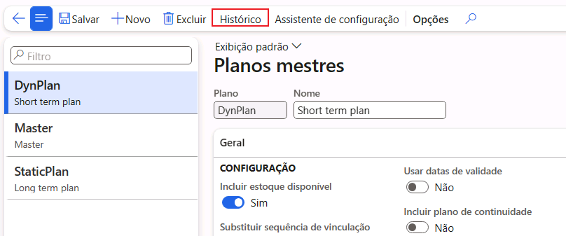 Captura de tela da página Histórico de Planos Mestre.