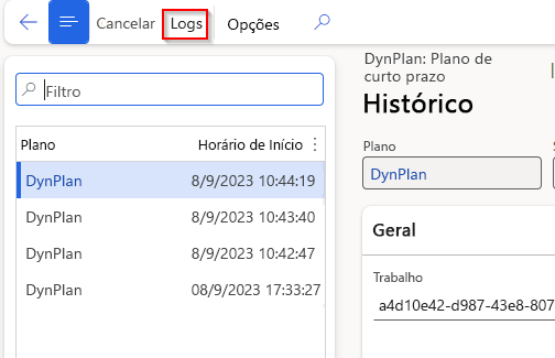 Captura de tela da página Logs no menu do Painel de Ações.