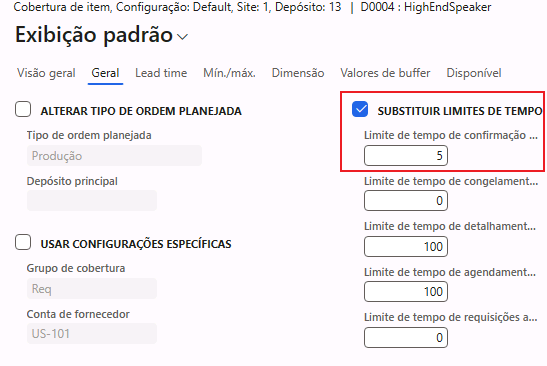  Captura de tela do campo Substituir limites de tempo.