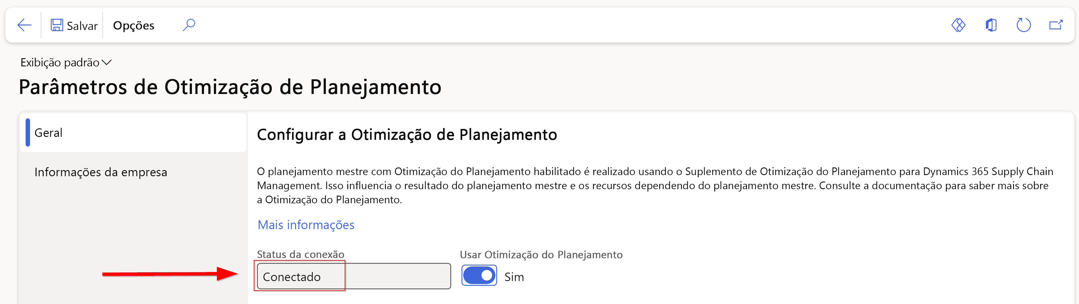  Captura de tela da página Parâmetros de Otimização de Planejamento.