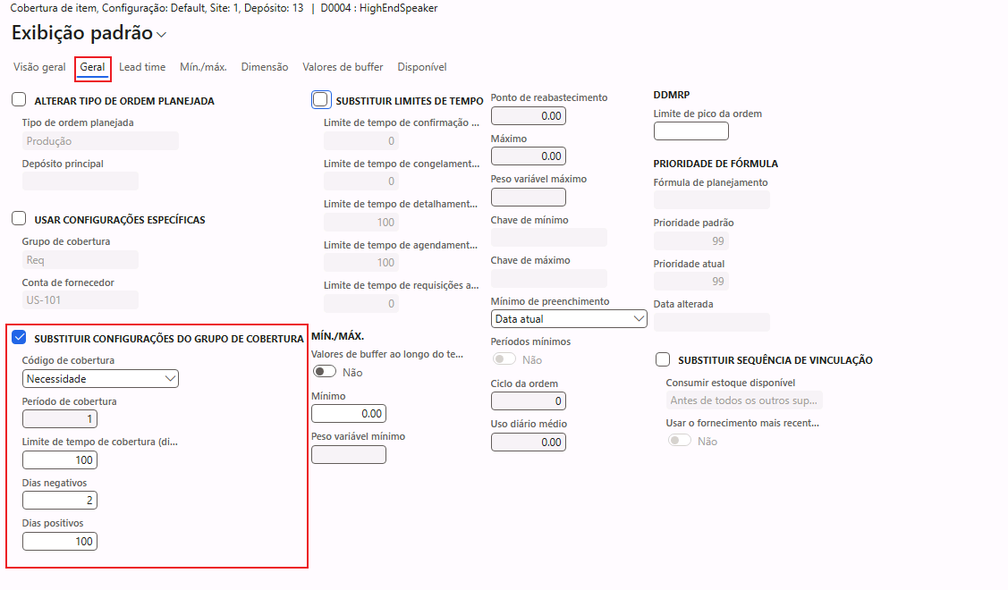 Captura de tela da página Substituir configurações do grupo de cobertura.