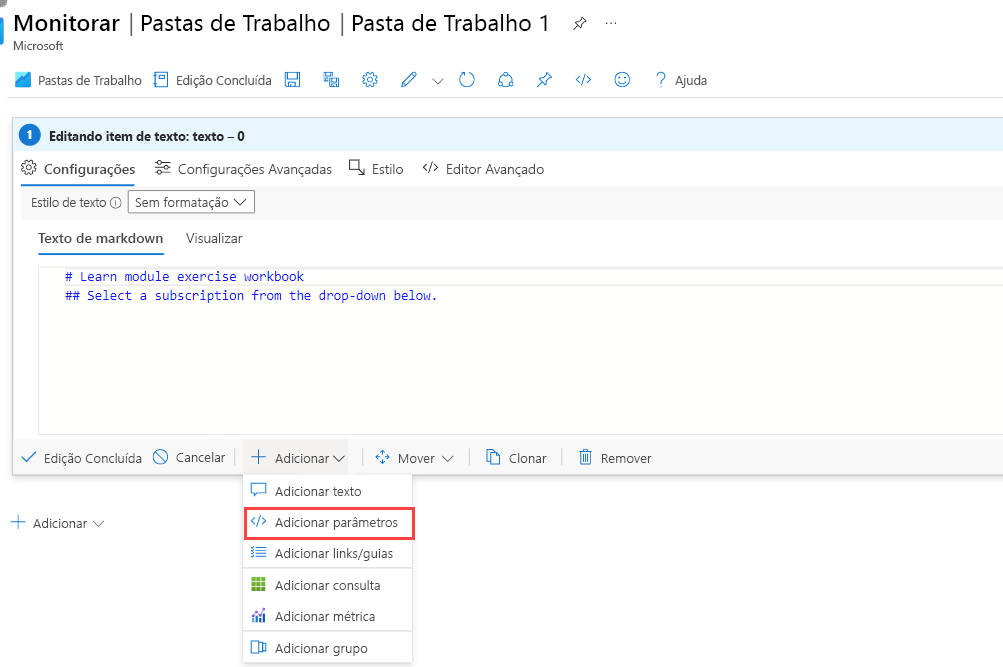 Captura de tela que mostra o botão adicionar parâmetros em uma Pasta de Trabalho.