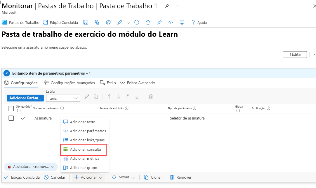 Captura de tela que mostra o ícone adicionar consulta em uma Pasta de Trabalho.