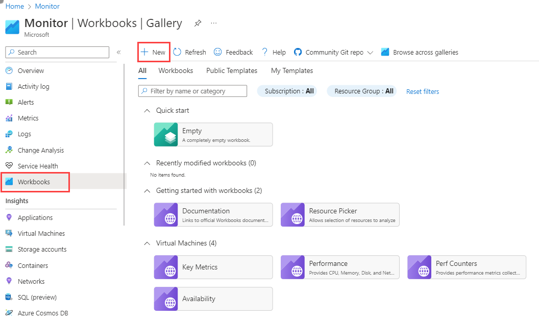 Captura de tela que mostra a página Novo ícone de Pasta de Trabalho do Azure Workbooks.