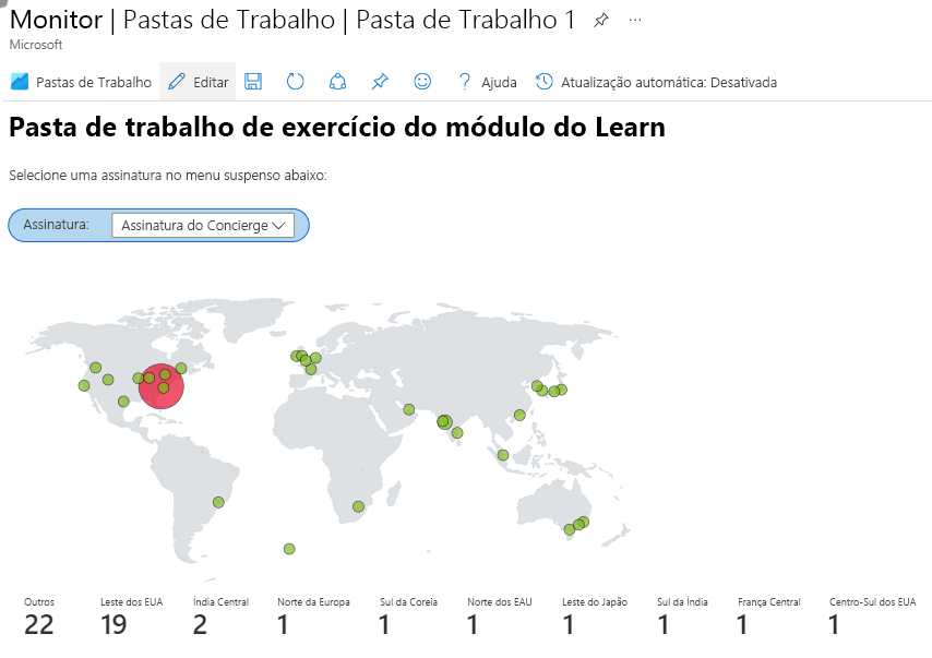 Captura de tela que mostra uma Pasta de Trabalho do Azure com um mapa exibindo os recursos de uma assinatura.