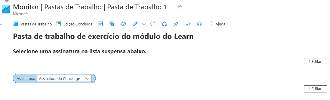 Captura de tela que mostra uma Pasta de Trabalho do Azure com uma lista suspensa do seletor de assinatura.