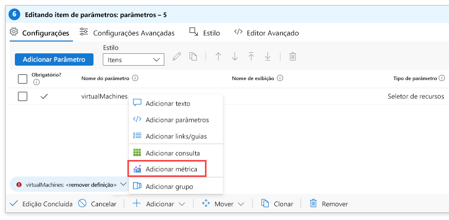 Screenshot that shows adding a metric to an Azure workbook.