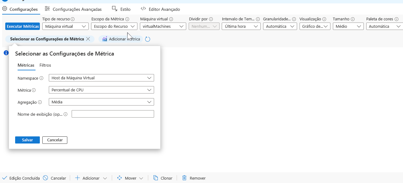 Screenshot that shows the percentage CPU metric setting in a Workbook.