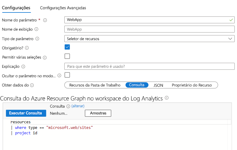 Screenshot that shows the web app parameter in a workbook.