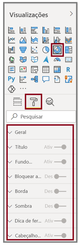 Captura de tela do painel de formato de Visualizações.