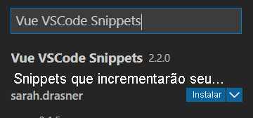 Captura de tela dos resultados da pesquisa pelo Vue VSCode Snippets.