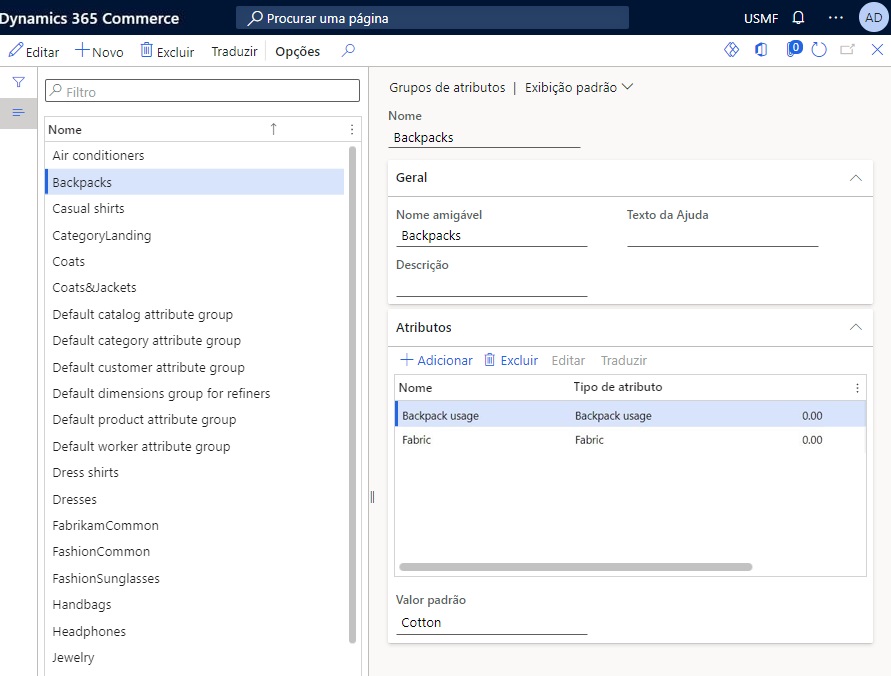 Captura de tela da página Grupos de atributos no Dynamics 365 Commerce.