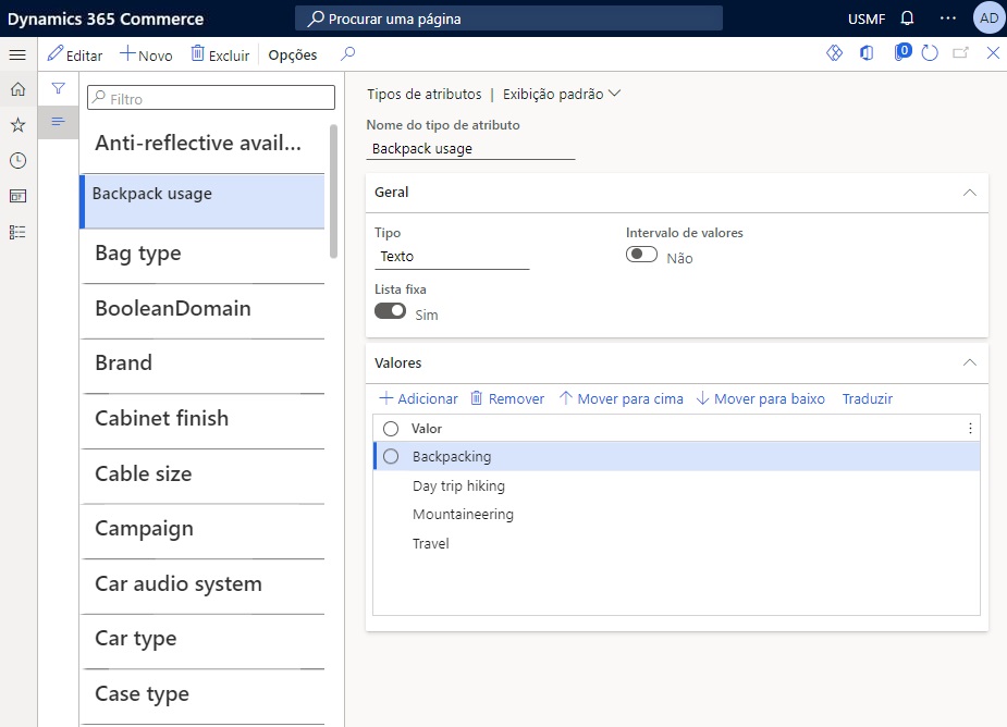 Captura de tela da página Tipos de atributos no Dynamics 365 Commerce.