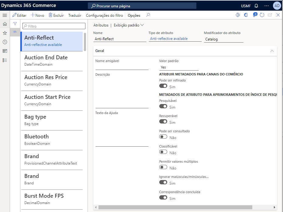 Captura de tela da página Atributos no Dynamics 365 Commerce.