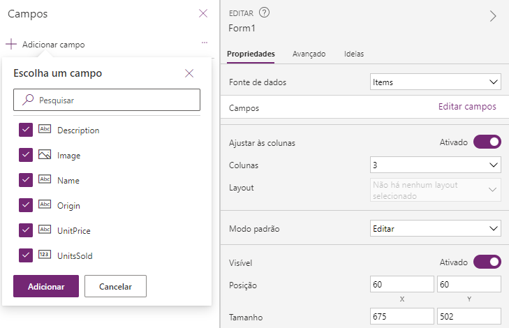 Captura de tela da adição de campos no Studio.