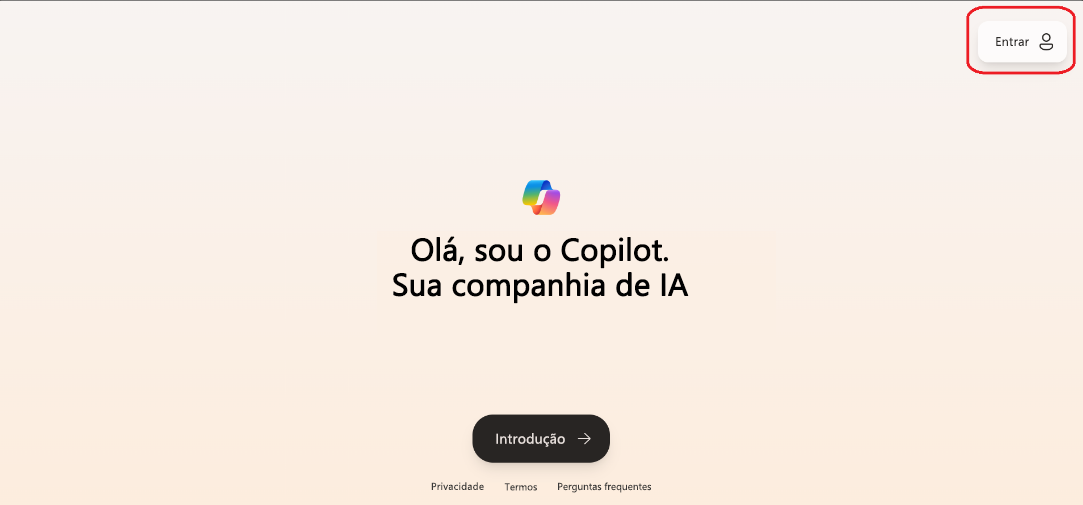 Captura de tela da tela de boas-vindas do Copilot.