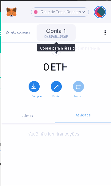 Captura de tela mostrando a extensão do navegador do MetaMask em que você pode copiar o endereço da conta.