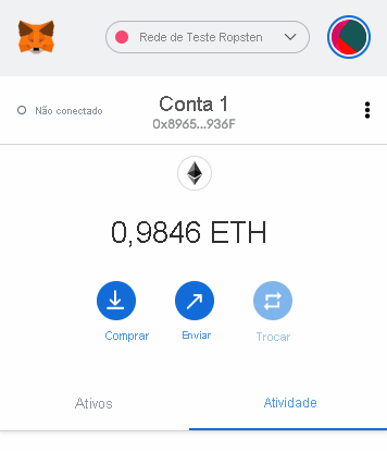 Captura de tela mostrando o saldo do MetaMask após a implantação no Ropsten.